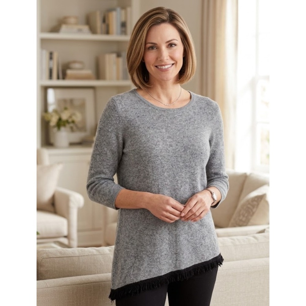 Neiman Marcus Cashmere Asymmetrical Fringe Sweater Womens Grey 3/4 Sleeve L